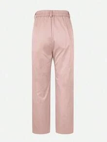 Pantalones rectos de unicolor azul marino de con cintura sin botones, cremallera y bolsillos, pantalones rectos elegantes, de oficina, diarios y versátiles para la primavera y el verano - Rosa - Ver 6