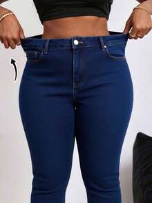 Curvy Size Skinny Jeans In Dark Wash Denim, Medium Stretch - Deep Blue - View 2