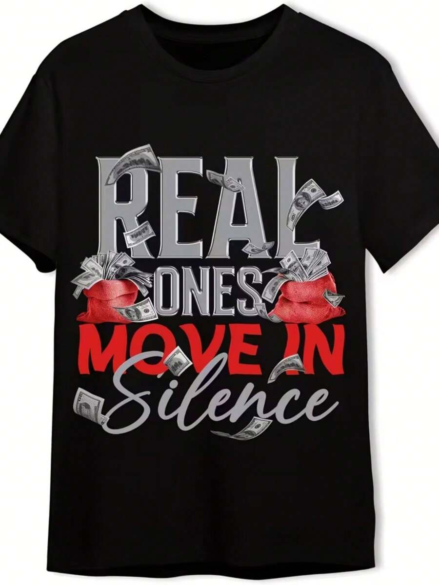 Men's T-Shirt With An Eye-Catching Graphic Featuring A Coin And The Phrase 'Real People Move Silently' Next To A Red Dollar Sign. This Casual, Crew-Neck, Relaxed-Fit Shirt Is Breathable And Suitable For All-Season Wear, Plus Size. - Black - View 1