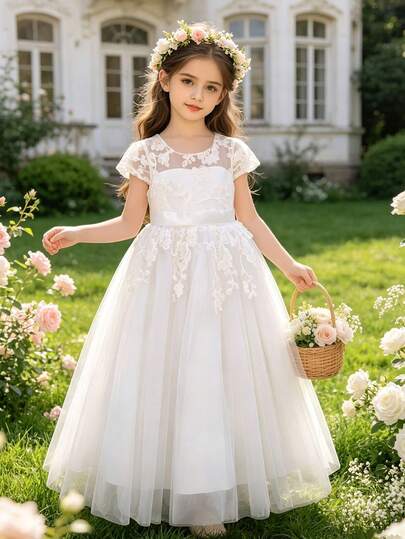 Girls' Elegant Cute Embroidered Mesh Long Dress, Princess Gown For Flower Girl, Wedding, Birthday Party, Banquet, Celebration