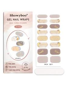 Showyboo 高級奢華裸金色亮片半固化凝膠美甲貼，全亮面光澤，保護原甲，時尚百搭美甲用品，適合通勤、婚禮、約會、拍照、度假、晚宴 - 彩色 - 查看 5