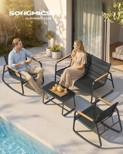 Garden Furniture Set, Balcony Furniture, 2 Rocking Chairs With Table, Garden Bench, Steel, Patio Furniture, With Armrests, Breathable Synthetic Fibre Fabric, Patio, Balcony, Garden