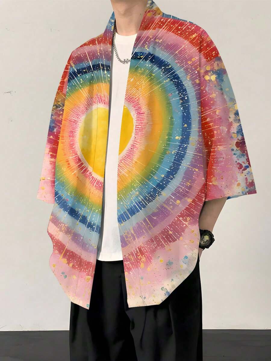 Gradient Radial-Style Non-Stretch Woven Fabric Kimono Cardigan For Men, With Rainbow Aperture Print Elements, Multicolor Radial Design, Suitable For Spring And Summer Daily Wear, Machine Washable, Ideal For Gifting - Multicolor - View 1