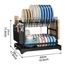 HanTai Escurreplatos de 2 niveles grande, escurreplatos extensible, escurreplatos de acero inoxidable antioxidante para encimera de cocina, escurreplatos multifuncional con soporte para utensilios y tazas - Negro - Ver 4