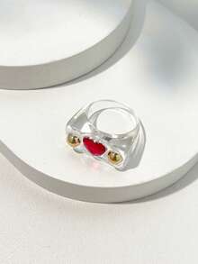 Y2K透明树脂戒指，宽版金属珠心形水钻戒指，朋克风叠戴戒指 - 彩色 - 查看 16