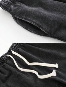 Men's 2PCS BUUTIAN Vintage Wash Solid Color T-Shirt & Denim Shorts Set, Multiple Color Combinations Available, Oversized Streetwear Casual Summer Joggermate Outfit, 90s Retro Casual Loungewear - 黑色 - 查看 8