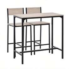 3 Pcs Table Stool Set Industrial Design W/ Metal Frame Oak Tone MDF Panels Minimal Compact Beautiful - Natural Wood Finish - View 11