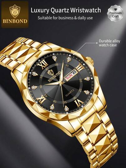POEDAGAR BINBOND 1 Piece Of Men's Wristwatch, Top Brand, Brand New Luxury Quartz Wristwatch, 30 Meters Water Resistance, Roman Numerals, Diamond-Studded Dial, Independent Window Calendar, Clock For Men, SUS304 Steel, Casual And Fashionable Quartz Watch, Luminous Hands, High-End Business Wristwatch, Suitable For Daily Life, Work, Party Decoration, Father's Day Gift, As A Gift & Men's Business Formal Accessory