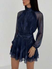 Vestido de manga larga ajustado con silueta de paraguas para mujer, nuevo para otoño/invierno, para uso casual/citas/salidas/maestras, vestido romántico con estampado de teñido anudado en púrpura y cuello alto con lazo en la cintura - Azul marino - Ver 5