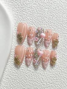 10件套甜美少女风手工美甲套装，包含按压式美甲贴片、硬币、棒棒糖、小花朵美甲配件、条纹美甲装饰、粉色指甲油，梦幻少女风，附赠美甲工具（1张果冻贴片+1把指甲锉），三种尺寸可选：杏仁形、鸭子形、棺材形，适合聚会、日常、派对、拍照、玩耍、春夏、通勤等场合。 - 彩色 - 查看 13