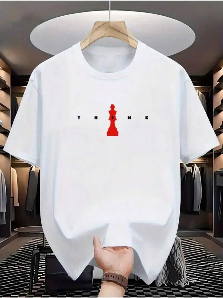Men's Casual Chess Print T-Shirt, Round Neck Short Sleeve Tee, Regular Fit, All-Season Daily Wear Top, Modern Style, Comfortable Summer Outfit - White - View 1