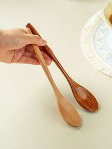 2pcs Wooden Long Handle Spoons, Korean Style Large Soup Spoon, Japanese Small Wooden Rice Spoon, Soup Spoon - View 5