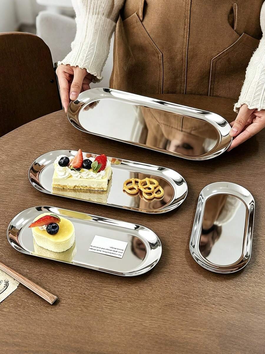 1pc Minimalist Stainless Steel Oval Tray, Multi-Purpose Metal Serving Plate For Desserts, Snacks, Jewelry & Cosmetics, Kitchen Organizer Tray - Multicolor - View 1