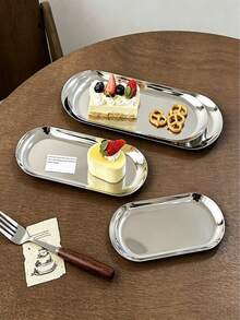 1pc Minimalist Stainless Steel Oval Tray, Multi-Purpose Metal Serving Plate For Desserts, Snacks, Jewelry & Cosmetics, Kitchen Organizer Tray - Multicolor - View 4