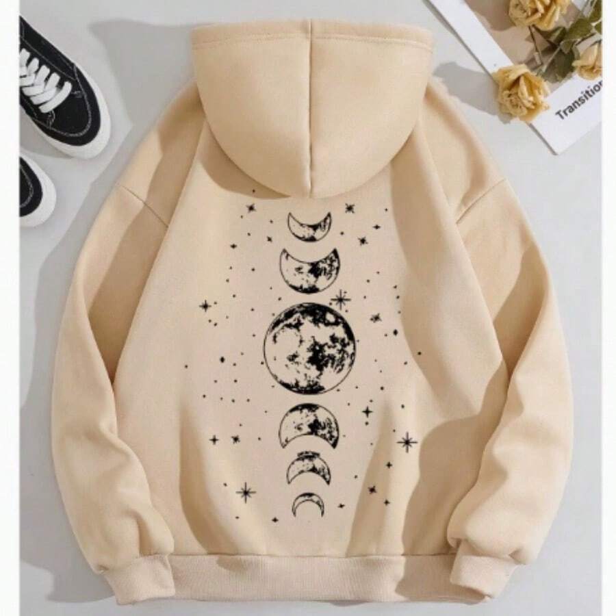 2026 New Hoodies With Different Moon Prints, Front And Back Printed Hoodies Casual And Fashionable Y2K Women's Clothing High Street Tops  Hoodies Summer Clothes Western Outfits For Women Summer Outfits For Women Jackets Sweater Jackets For Women - 卡其色 - 查看 1