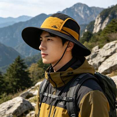 1pc Unisex Color Block Sun Protection Bucket Hat, Outdoor Wide Brim Breathable Fishing Cap