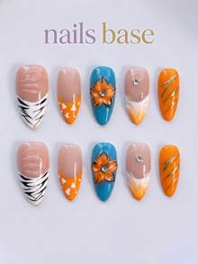 NAILS BASE 10件/組 粉色杏仁形長款法式漸層漸變假指甲，附玫瑰紅花朵，杏仁形甲片，適合辦公場合的中性華麗風，日式手工製 P - 彩色 - 查看 1