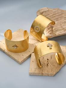 1 pieza Brazalete de acero inoxidable con circonita 5A, brazalete de aro abierto con cruz de oro 18K, joyería personalizada exagerada de estilo europeo y americano - Pulsera exagerada y única - Ver 4