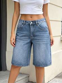 Quần short Bermuda denim nữ dáng rộng, cạp thấp, thoải mái và đa năng, thích hợp mặc hàng ngày vào mùa hè. - Rửa trung bình - Xem 5