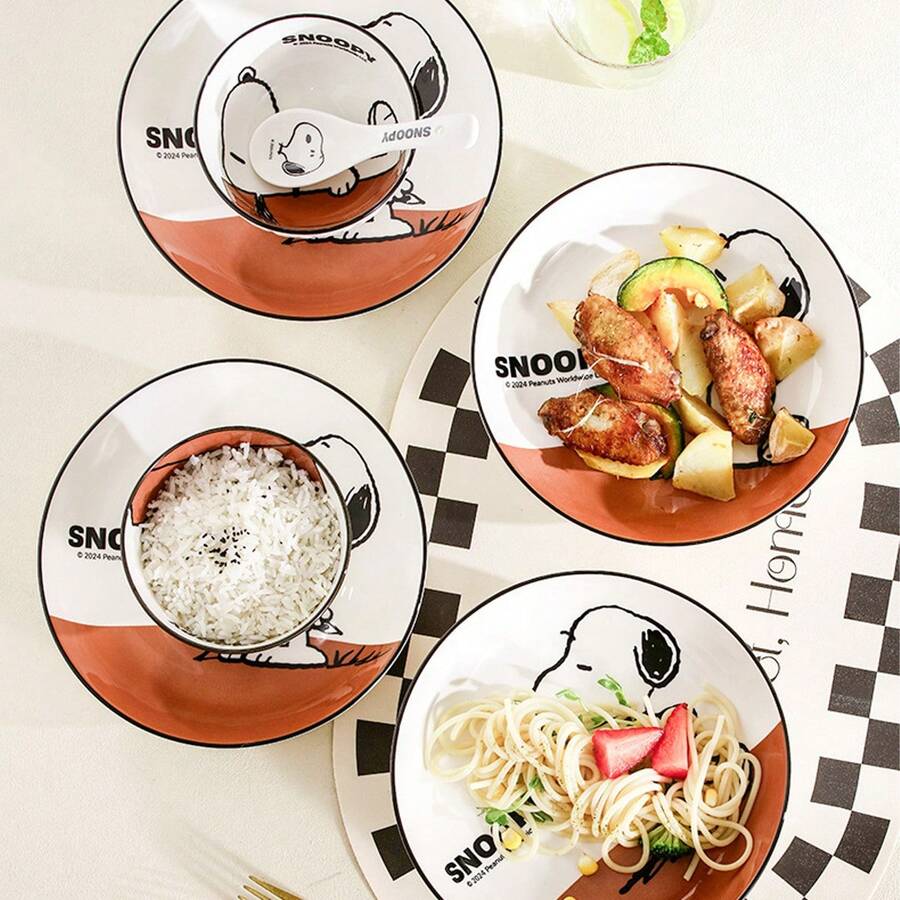 SNOOPY 史努比可爱印花餐具套装，高品质卡通浮雕陶瓷餐盘和托盘，适合情侣和家庭使用