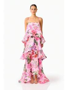 Brick Lane Co. 2026 European And American Summer And Sweet Printed Multi-Layer Cake Long Strap Dress Vacation Outfits Women Summer Outfits Women Dresses Women - 粉紅色 - 查看 1