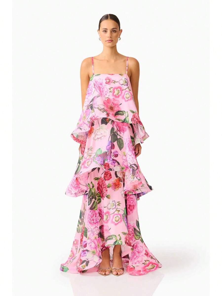 Brick Lane Co. 2026 European And American Summer And Sweet Printed Multi-Layer Cake Long Strap Dress Vacation Outfits Women Summer Outfits Women Dresses Women - 粉紅色 - 查看 1
