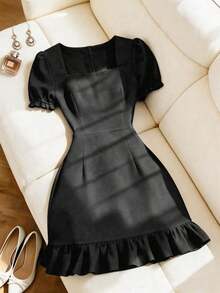 Vestido negro elegante y ajustado para mujer, estilizador, adecuado para citas, fiestas, cumpleaños, uso primavera/verano, ir al trabajo, casual, oficina, versátil, cuello cuadrado, manga corta, corte evasé, nueva moda 2026 - Blanco - Ver 9