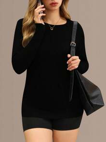 Women's Black Round Neck Long Sleeve Casual T-Shirt, Suitable For Autumn - Black - View 4