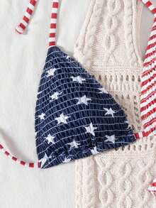 Swim Mod 2pcs/Set Women's Beach Summer Vacation USA Flag Print Halter Backless Top And Side Strap Swim Bottom 4th Of July Bikini Set - Nhiều màu 2 - Xem 5