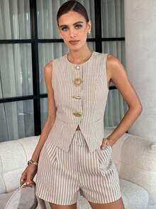 Women's Elegant Striped Sleeveless Button-Front Vest And High-Waisted Shorts 2 Pieces Set - Apricot - View 2