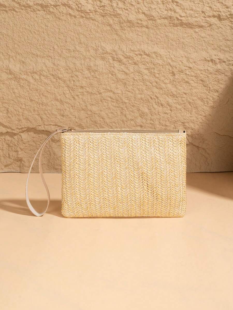 Straw Clutch Wallet For Women, Suitable For Daily Outings, Travel, Shopping - Khaki - View 1
