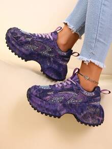 Rhinestone Embellished Platform Sneakers For Women, High-End Thick Sole Elevator Shoes For Petite - Purple - View 2