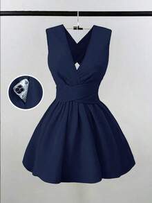 Vestido mini elegante y sexy para invitada de boda con cuello en V cruzado, sin mangas y silueta evasé, diseño versátil para conciertos, playa, fiestas, primavera/verano, con bolsillos, vestido de noche con espalda descubierta, color amarillo mantequilla - Azul marino - Ver 12