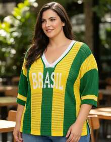 Brazil Women's Plus Size V-Neck Knit Blouse, Sizes M To XL, Brazilian National Team Style - 黃色 - 查看 3