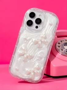 奢华蝴蝶结元素时尚手机壳 1 件装 高级银色 3D 珍珠蝴蝶结手机壳 兼容 11/ 15 Pro Max/14 Pro Max/13/12/ 17/17 Pro/17 Pro Max 春季婚礼礼物 - 彩色 - 查看 1