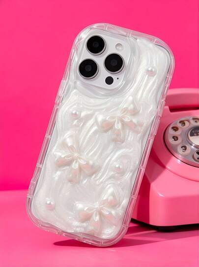 奢华蝴蝶结元素时尚手机壳 1 件装 高级银色 3D 珍珠蝴蝶结手机壳 兼容 11/ 15 Pro Max/14 Pro Max/13/12/ 17/17 Pro/17 Pro Max 春季婚礼礼物