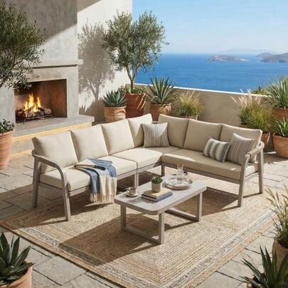 Garden Furniture Set, Corner Configuration, Seats Up To 6 People, Woven Armrests And Backrests, Galvanized Steel Tubes, Includes Corner Sofa And Coffee Table, Color: Beige