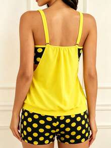 Women's Casual Polka Dot Tank Top And Boyshorts Bikini Set, Scoop Neck High Stretch Swimsuit For Beach - Màu vàng - Xem 2