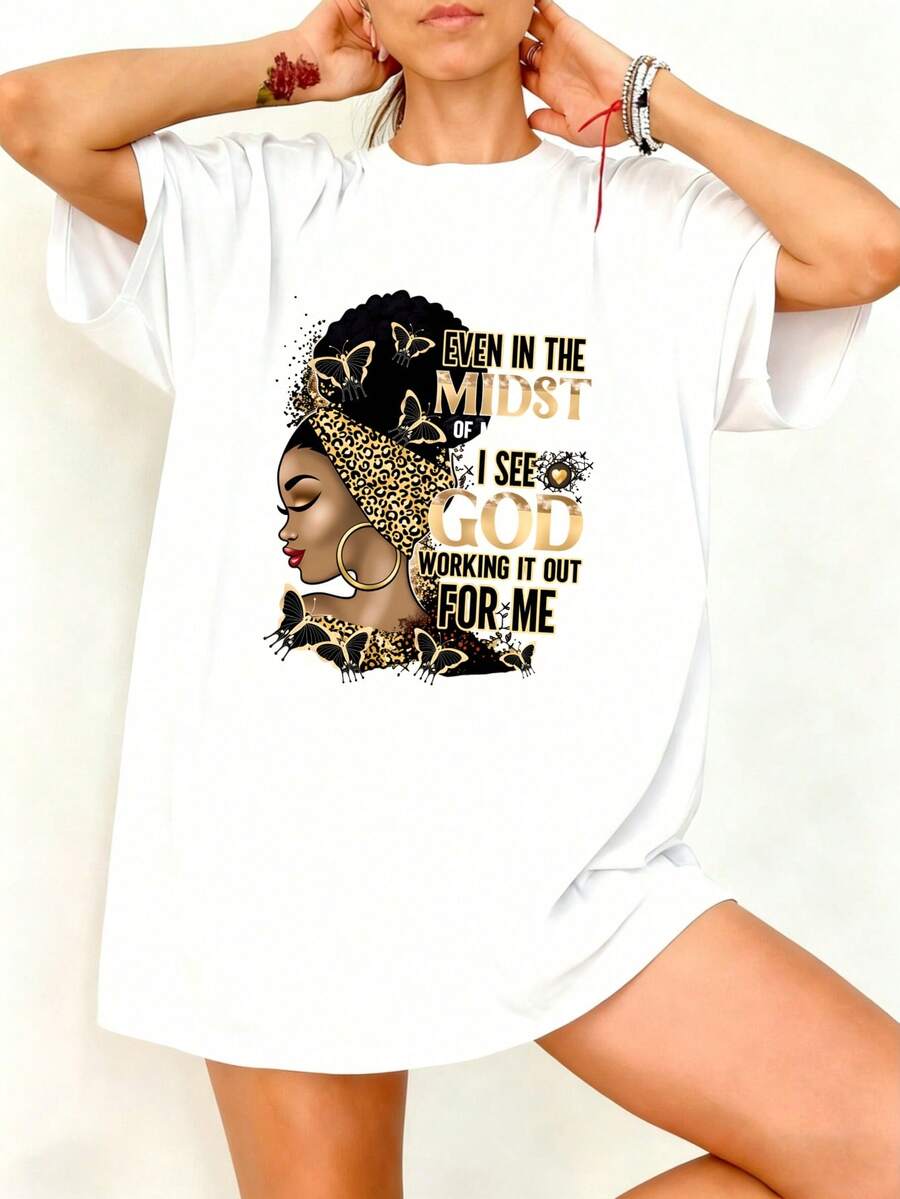 Camiseta Blanca con Estampado de Mujer Africana y Frase de Fe para Ocasiones Casuales - Blanco - Ver 1
