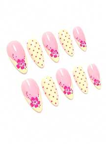 24pcs Medium Almond Shaped Fashion Nail Stickers, Pink & Yellow Polka Dot Pattern, Minimalist Chic Suitable For Spring/Summer, Includes 1 Adhesive Sheet & 1 Mini File, Random Delivery - Yellow - View 3