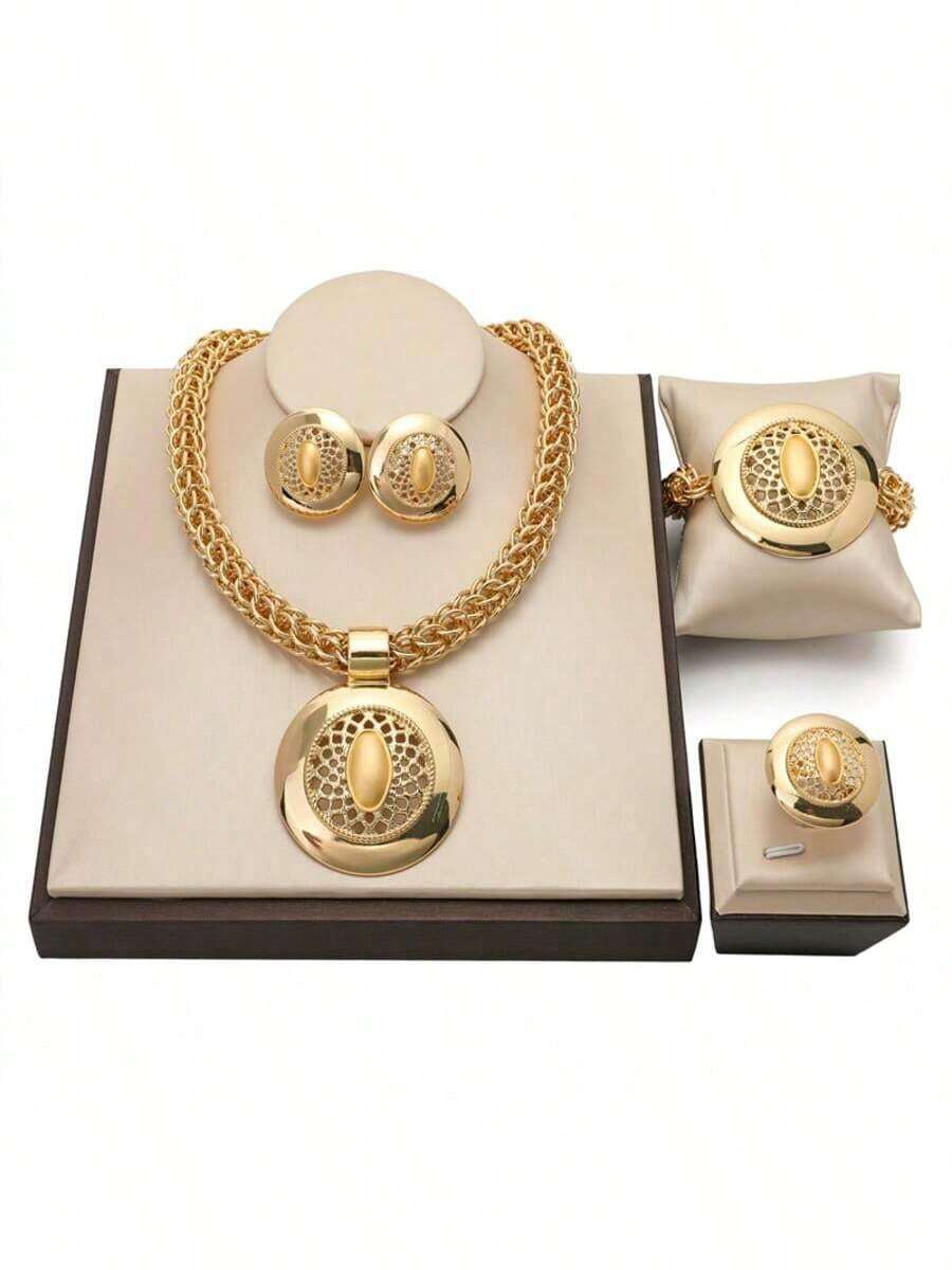 Juego de joyas chapado en oro de 18K para mujeres, 4 piezas de collar, aretes, pulsera y anillo con colgante ovalado hueco, juego de joyas elegante de oro para el Día de la Madre, cumpleaños, aniversario, regalo para mamá, esposa, abuela, ocasión formal