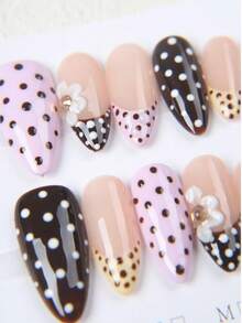 10片手工制作杏色、棕色、黄色波点法式美甲3D可爱简约奢华假指甲 - 彩色 - 查看 2