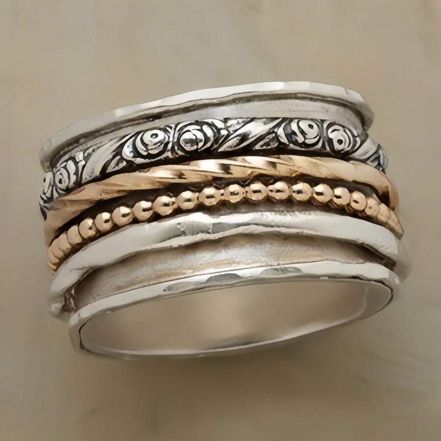 Women's Hammered Texture Vintage Bohemian Wide Face Design Ring, Durable Everyday And Thanksgiving Gift, Decorative Jewelry - Multicolor - View 1