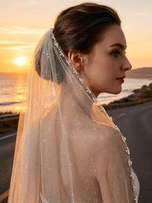 1pc Sparkling Beaded Bridal Veil, Long Trailing Style, Suitable For Beach/Church Wedding, Wedding Veil - Multicolor - View 4