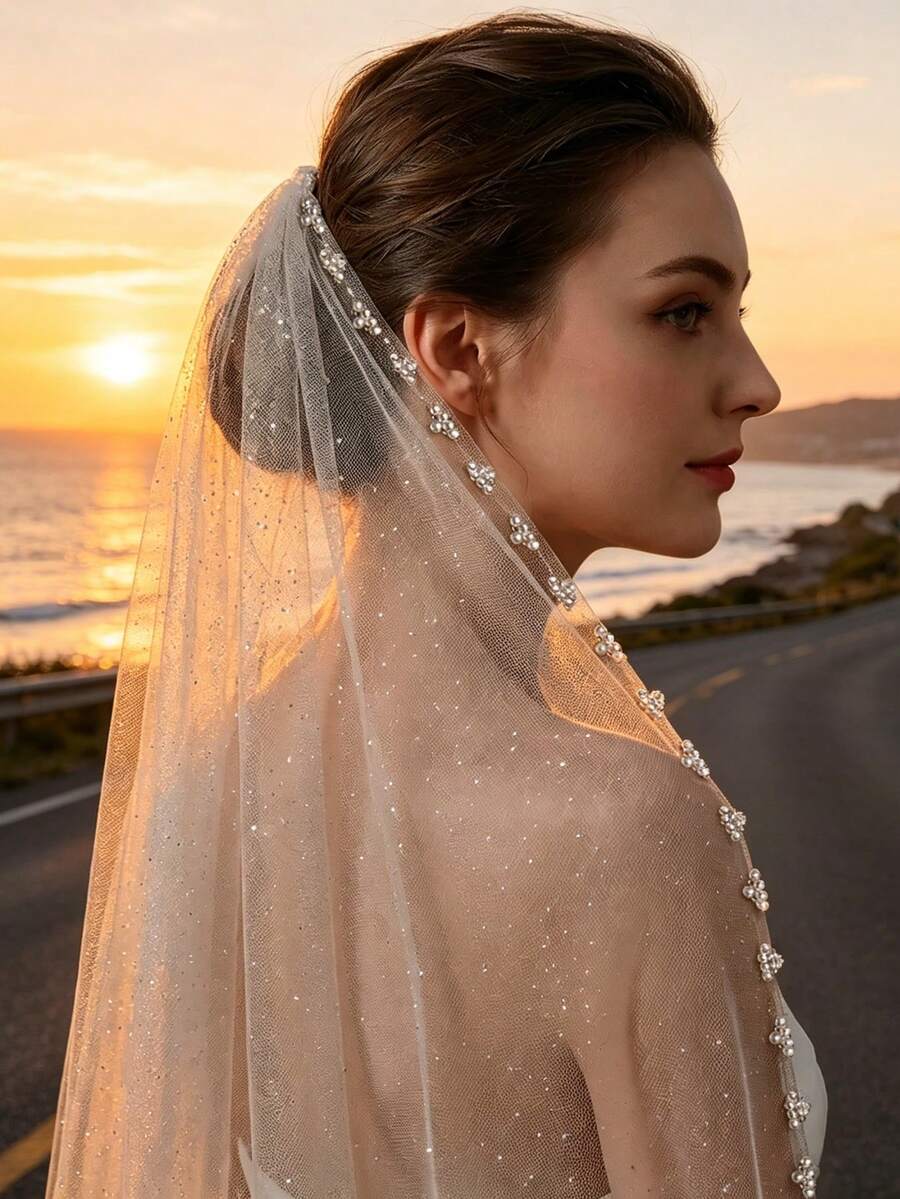 1pc Sparkling Beaded Bridal Veil, Long Trailing Style, Suitable For Beach/Church Wedding, Wedding Veil,Festival,Birthday