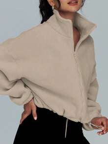 Chaqueta deportiva corta para mujer con cuello de forro polar, cremallera y cordón ajustable, de color liso, adecuada para deportes al aire libre y fitness, y para uso diario informal en otoño e invierno. - Caqui - Ver 2