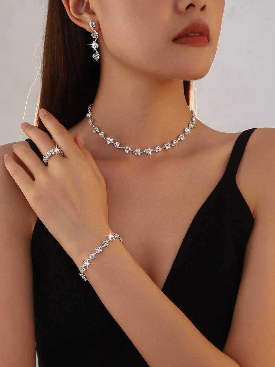 Bộ 4 món: Dây chuyền đính đá, bông tai, vòng tay hình học, 2 chiếc nhẫn co giãn, quà tặng đám cưới, tiệc tùng, ngày lễ. - Bạc - Xem 1