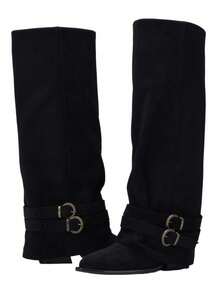 Y2K Retro Black Slouchy Trouser Boots Metal Buckle Decor Low Block Heel Knee High Festival Outfit Slouchy Boots - 黑色 - 查看 5