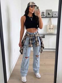 Women's High Waist Cargo Jeans With Ripped Detail, Retro Street Style, Versatile Denim Pants - Light Wash - View 3