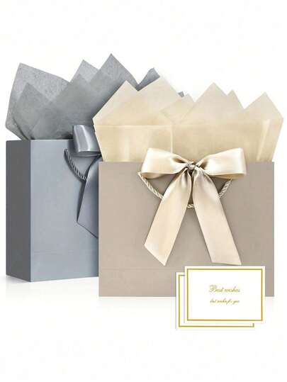 4pcs/Set Champagne & Silver Gray Gift Bag Set, Including 1 Gift Bag, 1 Tissue Paper, 1 Bow, 1 Card, 3 Sizes With Ribbons, Suitable For Wedding, Birthday, Party, Thanksgiving, Anniversary, Valentine's Day, Celebration